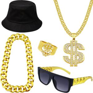 5 Pcs Hip Hop Costume Kits 80s/ 90s Rapper Accessories Outfit Big Chunky Plastic Gold Chain Money Necklace Gold Ring Twist Leg Punk Sunglasses Bucket Hat for Man Women Party Supplies