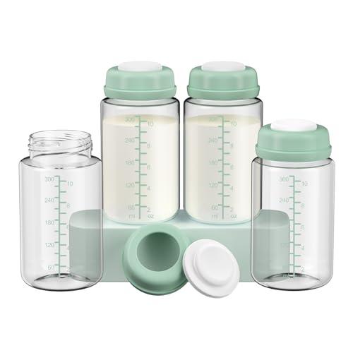 IVARONAL 4 Pack 10oz Wide-mouth Breastmilk Storage Bottle for Momcozy 22oz Portable Breast Milk Cooler, Pumping Storage Containers Compatible with Spectra S1/S2/9 Plus/SG/Motif Luna (4PC/Green Lids)