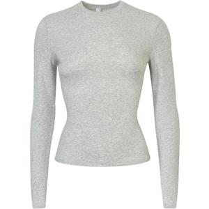SSLR Womens Long Sleeve Shirts Basic Crop Tops Slim Fit T-Shirts Stretch Crew Neck Tee Comfort (Gray, L)