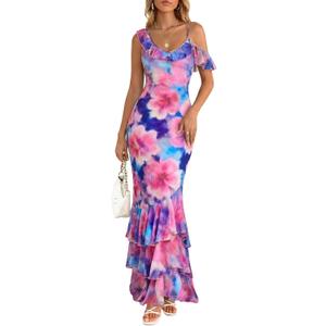 Wenrine Womens Summer Floral Maxi Dress Mesh Spaghetti Strap One Shoulder Casual Ruffle Mermaid Bodycon Party Dresses (Pink, M)