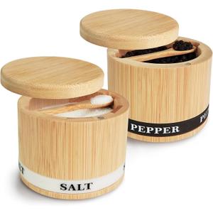 Salt Box 2Pcs Spice Cellar with Swivel Lid and Spoons Small Bamboo Pepper and Salt Containers with Salt Pepper Labels,Dual 8 oz Capacity Holder for Seasoning and Small Items