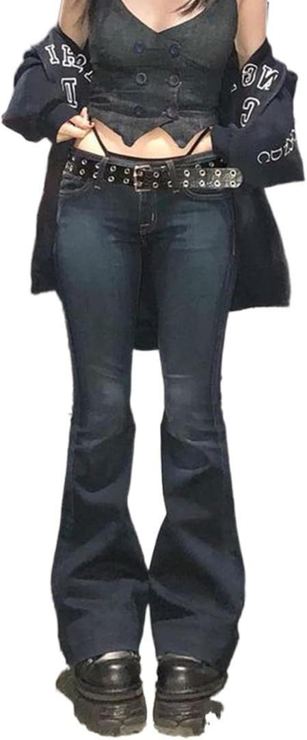 Aeropostale, Classic Indie Aesthetic Y2K Low Waist Pants 90s Low Rise Cargo Baggy Trousers Pockets Hippie Denim Bell Bottom Casual Outfits (Medium, B Dark Blue)
