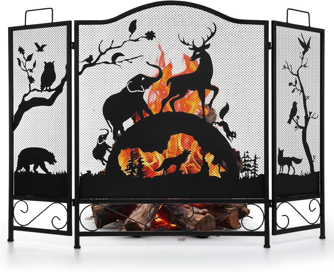 IRONWALLS 3 Panel Fireplace Screens Decorative, 48"(L) x 32"(H) Wrought Iron Fire Place Spark Guard Cover with Animal Pattern, Black Metal Mesh Fireplace Screen Stand Alone for Living Room, Bedroom