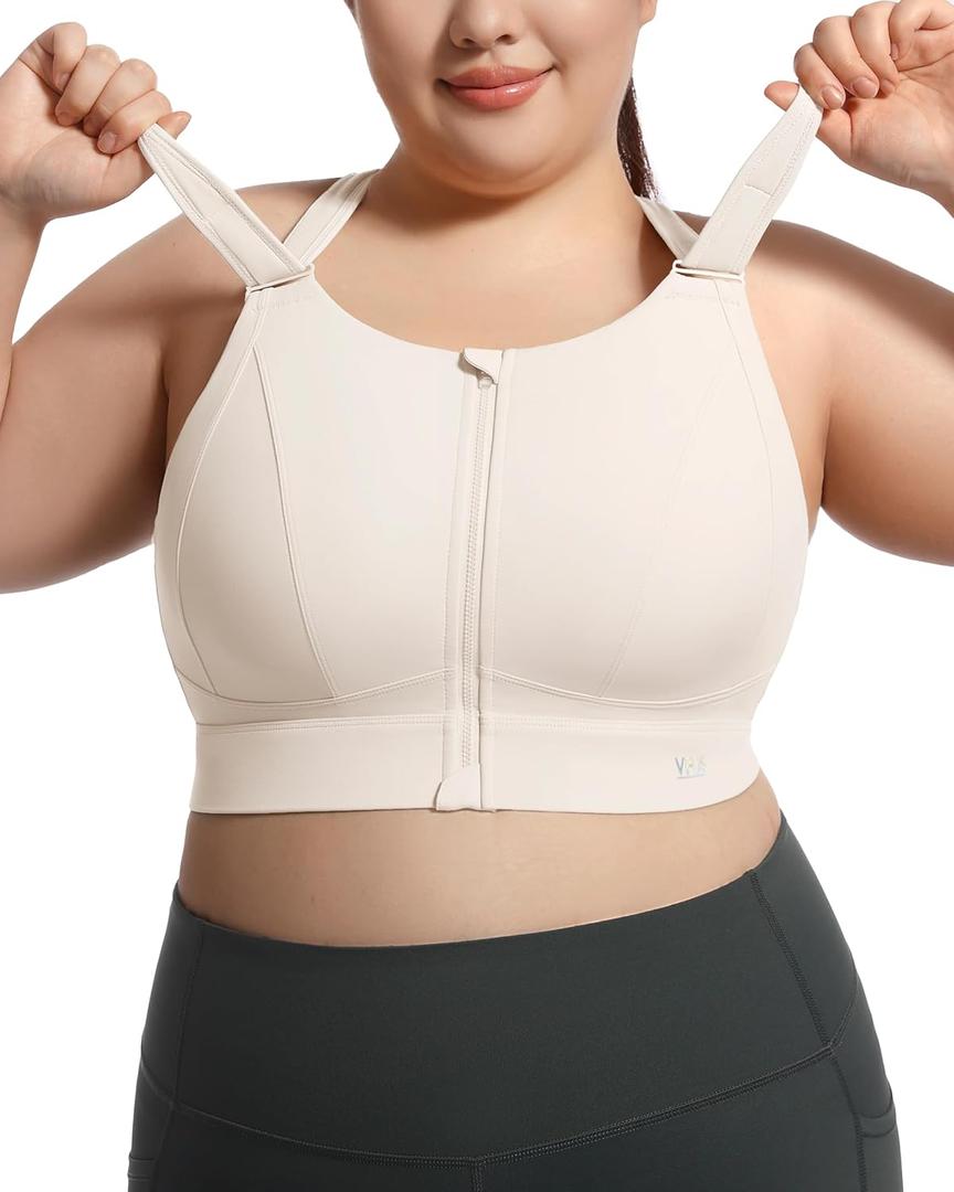 Zip Front Adjustable High Impact Sports Bras for Women Large Breasts Full Coverage Workout Running Removable Pads (Small, Latte Beige)