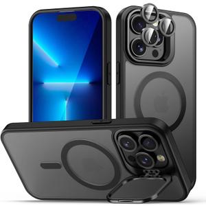 TOBOVON for iPhone 13 Pro Max Case, Compatible with MagSafe, 3-in-1 Camera Ring Stand, with 9H Camera Lens Cover, Non-Slip Translucent Matte Military-Grade Drop Protection Magnetic Case, Black