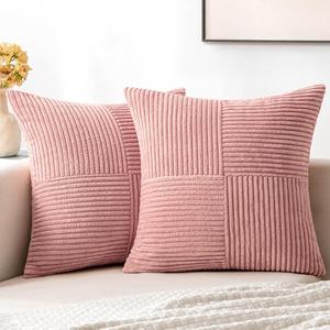 MIULEE Blush Pink Corduroy Pillow Covers Pack of 2 Boho Decorative Spliced Throw Pillow Covers Soft Solid Couch Pillowcases Patchwork Cushion Covers for Living Room Bed Sofa 18x18 inch Valentines Day