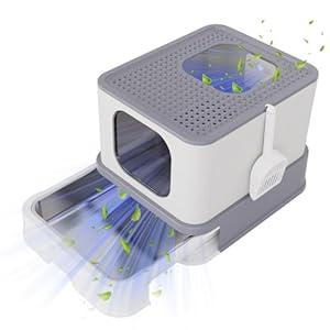 RIZZARI Enclosed Cat Litter Box with Lid, Large Foldable Litter Box with Litter Scoop, Top Entry Cat Toilet for Kittens and Big Cats (Light Gray, Stainless Steel with Deodorizer, X-Large)