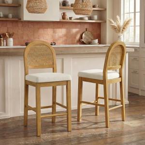 Rattan Counter Height Bar Stools Set of 2, Upholstered Farmhouse Barstools with Natural Rattan Back, Wooden Legs for Kitchen Island, Walnut/Linen