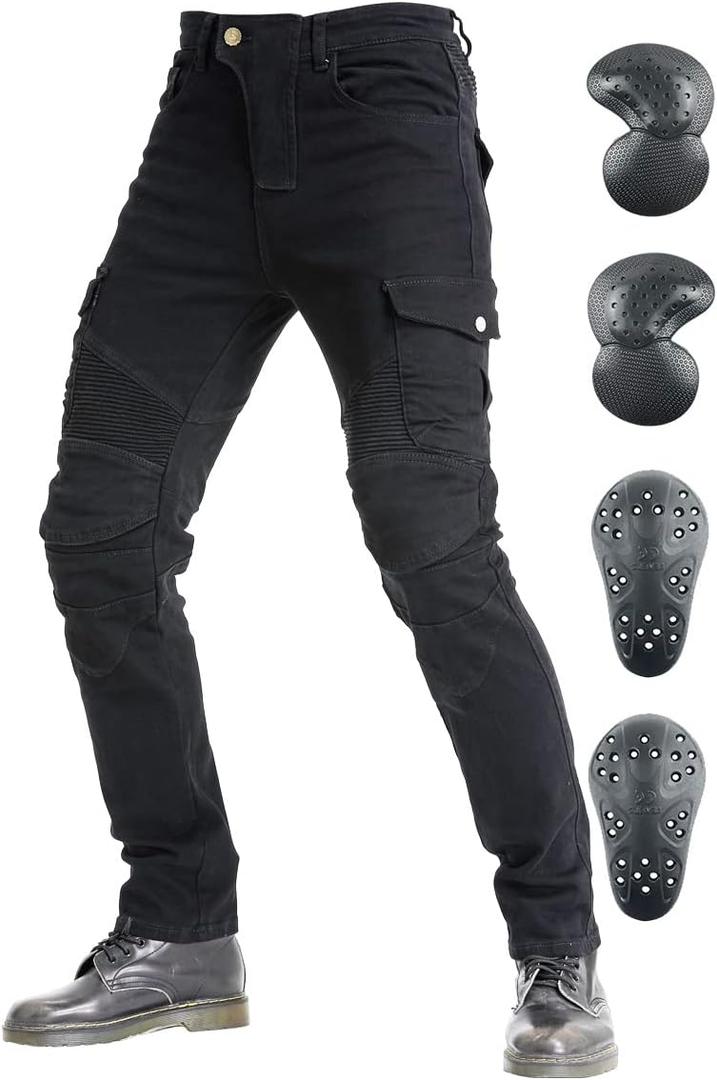 Motorcycle Pants, Versatile Durable Motorcycle Jeans for Men & Women Riding Pants Trousers with Kenn & Hip Armor Pads (Medium, Black)