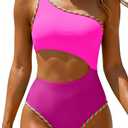 Women's One Piece Swimsuit- One Shoulder Cutout Tummy Control Bathing Suit (Pink, L)