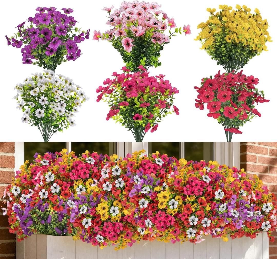 CLEANGOR 48 Pcs Artificial Flowers for Outdoors (6 Color) | UV Resistant Artificial Outdoor Plants, Fake Daisy with Eucalyptus Leaves, for Spring Summer Garden, Porch, Home Decor