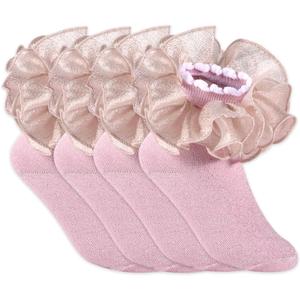 Yepami 4 Pairs Girls Ruffle Socks Big and Shimmering Lace Sock Ruffled Dress Socks for Girl Toddler (Pink, S)