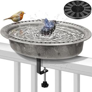 VIVOHOME Deck Mounted Oval Polyresin Bird Bath with Solar Fountain, Adjustable Clamp for Railings up to 3.9 Inch, Capacity 1.3 Gallons for Patio, Gardens, Yard, Deck, Gray