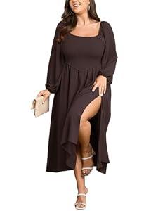 SCOMCHIC Women's Plus Size Fall Dresses Long Sleeve Square Neck Smocked Flowy A-Line Formal Wedding Guest Maxi Dress Brown, Size 3XL