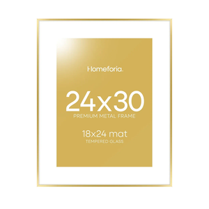 Homeforia 24x30 Picture Frame Gold, High End Metal 24 x 30 Poster Frames with 18 by 24 Mat Opening, 24x30 Gold Photo Frame Matted to 18x24 Print, 30x24 Large Frames, Tempered Glass, Wall Kit, Set of 1