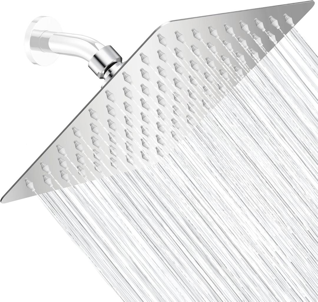 Rain Shower Head,High Pressure Stainless Steel Rainfall Shower Head,Waterfall Bathroom Square Showerhead,Adjustbale Shower Head with Anti-Clogging Silicone Nozzles,Single Function,8 inch