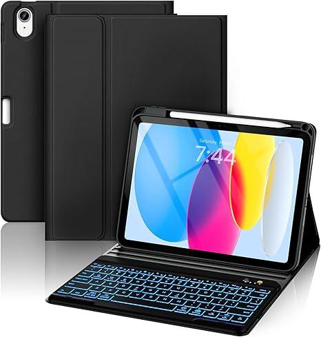 OYEEICE for iPad 11th (A16) &10th Generation Case with Keyboard - 7 Color Backlit Wireless Detachable Folio Keyboard Cover with Pencil Holder for iPad 11 inch A16 2025 10th Gen 10.9'' 2022 - Black