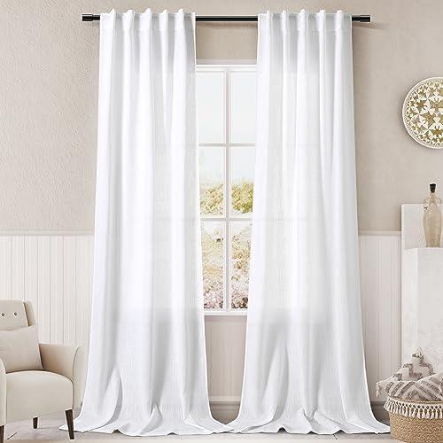Extra Long White Curtain 108 inches Long 2 Panels Set for Living Room Back Tab Modern Farmhouse Coastal Decor Cotton Textured Off White Sheer Linen Curtains 108 inch Length for Large Window 9 FT