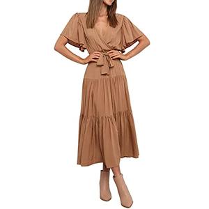 R.Vivimos Summer Dress for Women Cotton Ruffle Short Sleeves V Neck Casual Flowy Midi Dress with Belt (Medium, Brown-Shortsleeve)