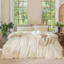 MooMee Bedding Duvet Cover Set 100% Washed Cotton Linen Like Textured Breathable Durable Soft Comfy (Solid Cream White, King 104"x90")