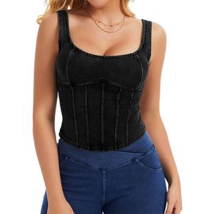 Denim Corset Top for Women Going Out Jean Crop Tank Tops Trendy Sleeveless Slim Fit Workout Denim Bustier (Black, L)
