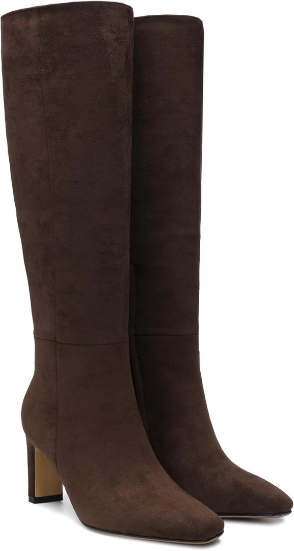 Burgundy Knee High Boots for Women Square Toe Chunky Heeled Boots Fall Dress Elastic Tall Boots with Zipper (8.5, Chocolate-Brown)