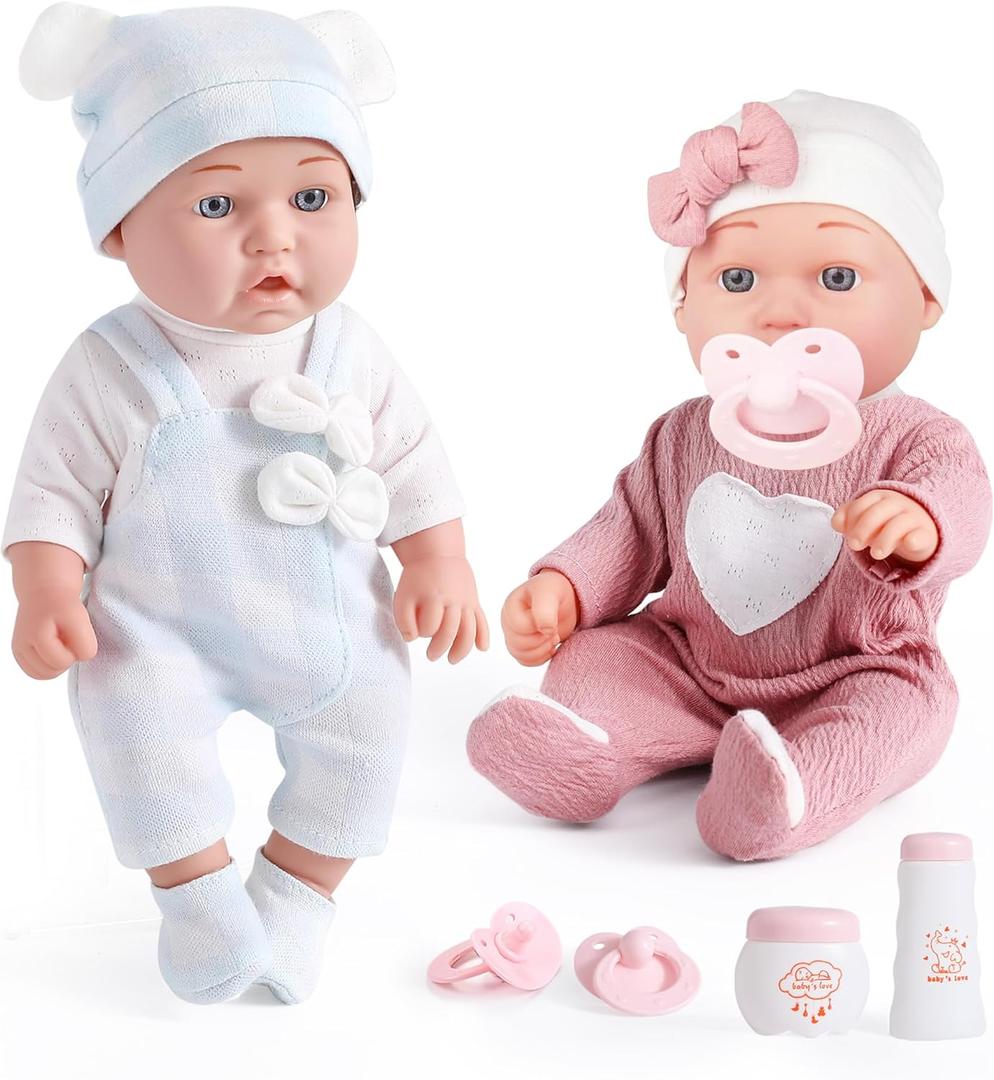 12 inches Realistic Twins Baby Doll with Clothes and Pacifiers, Boy and Girl Baby Dolls Toy Set for Toddler Girls 36 Months and Up