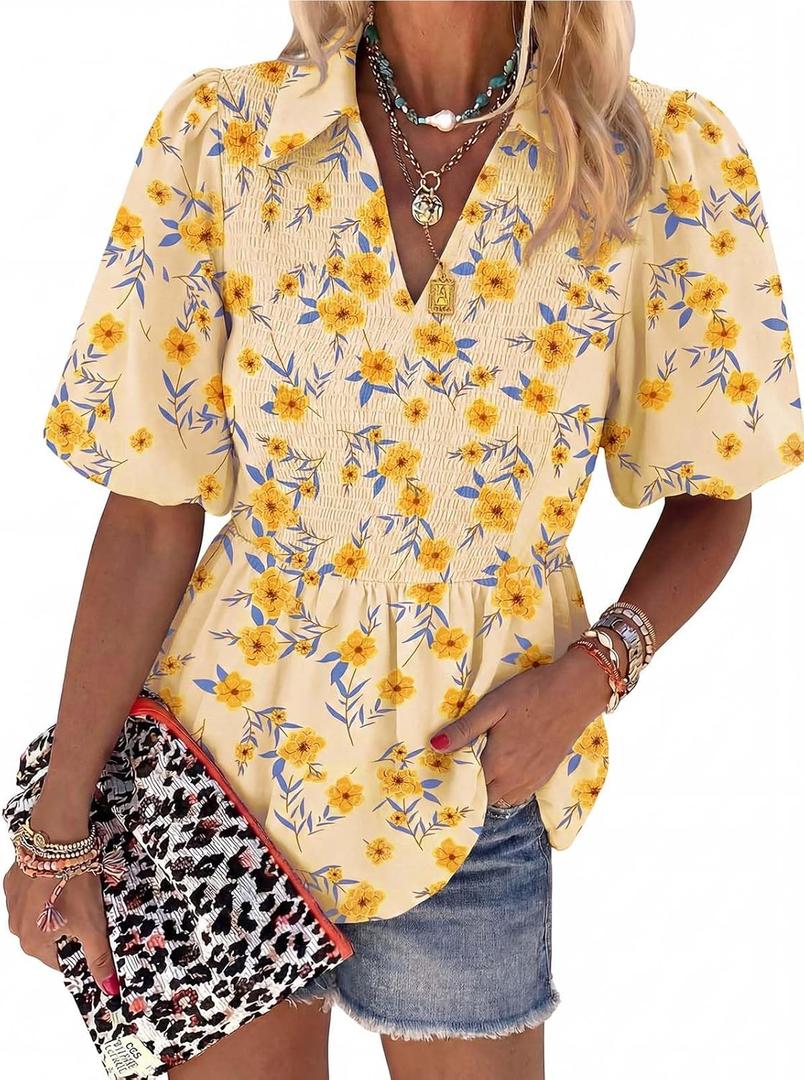 Womens Puff Sleeve Floral Babydoll Tops Lapel Collar V Neck Ruffle Peplum Blouse Smocked Tunic Top Dressy Tee Shirts (Yellow, M)