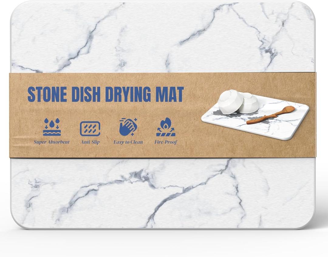 Quick Dry Stone Drying Mat for Kitchen Counter, Water-Absorbent Diatomaceous Dish Drying Mats, Multi-Purpose Stone Drying Tray for Cups Dishes Bottles, Carrara White Marble