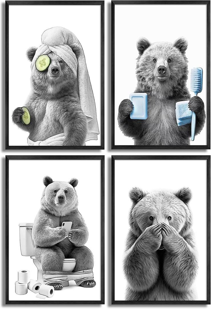 4Pcs Unframed Funny Bear Bathroom Wall Art Black And White Animal Wall Decor Picture Cute Bathroom Canvas Posters Prints for Restroom Washroom Dorm Laundry Room Decorations, 12x16in Poster