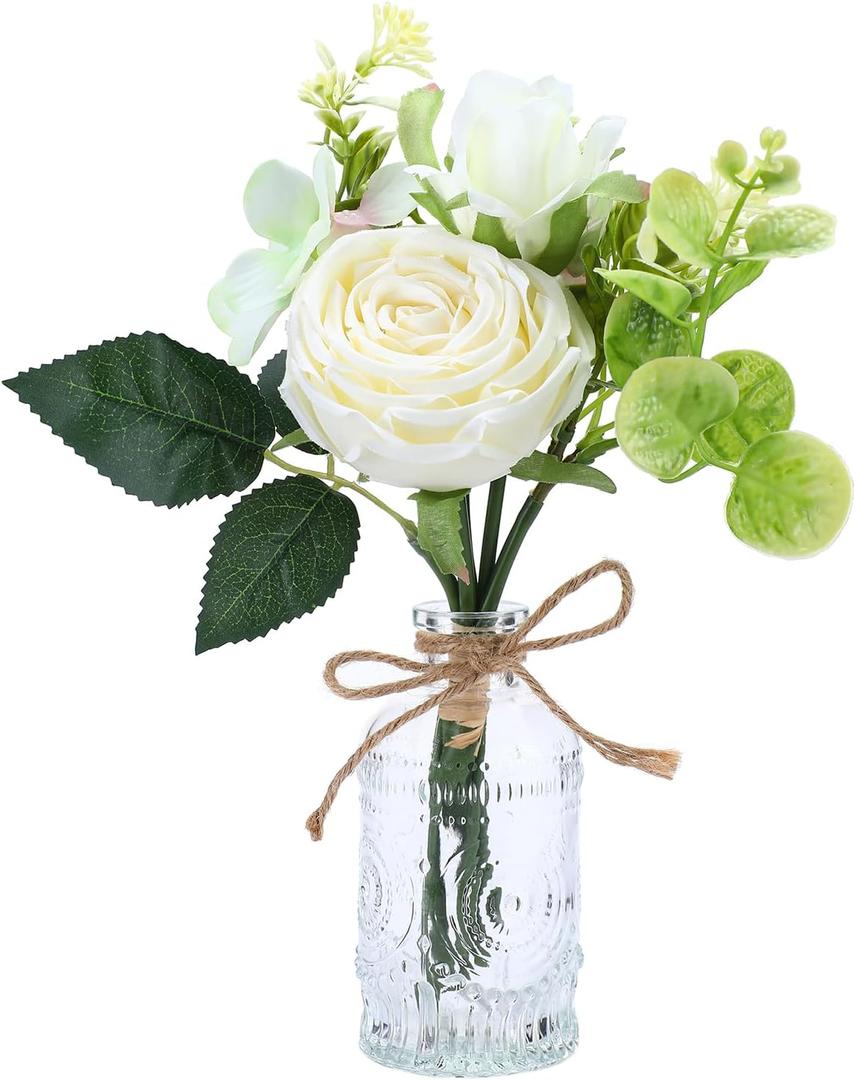 AFRITEE Faux White Silk Flower Arrangements - Centerpiece Table White Rose Flower Bouquet in Small Vase Set for Home Indoor Dining Room Wedding Centerpieces Coffee Table Decor