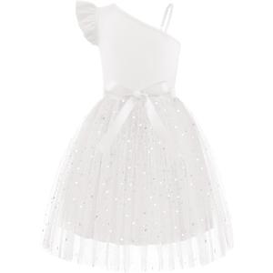 Arshiner Girls Dresses Summer One Shoulder Ruffle Sleeveless Formal Fancy Party Birthday Tulle Dress with Belted (White)
