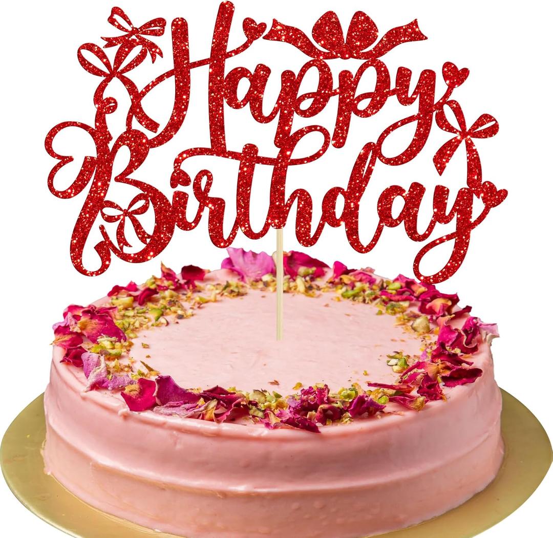 Gyufise 1Pcs Bow Happy Birthday Cake Topper Glitter Coquette Cake Pick Decorations for Girls Women Birthday Theme Baby Shower Party Supplies Red