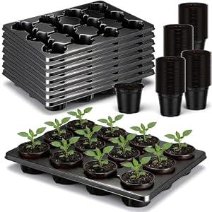 Berd96 Pcs 4 inch Seedling Pots and 8 Pcs 12 Cell Reusable Plastic Nursery Pots Trays Thick Sturdy Seeds Starting Germination Carrying Trays Black Small Planter Nursery Propagation 8 Sets(Black)