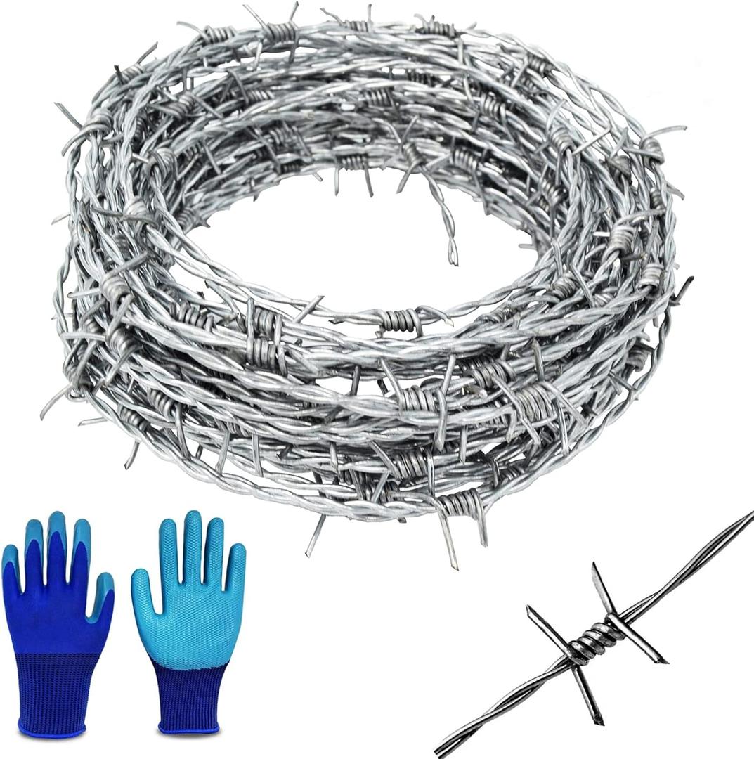 Barbed Wire 25 Ft, 4 Point Barbed Wire Fence, Hot-Dip Galvanized Barb Wire Roll, 18 Gauge Strong and Flexible Wire for Crafts Baseball Ball and Yard Garden
