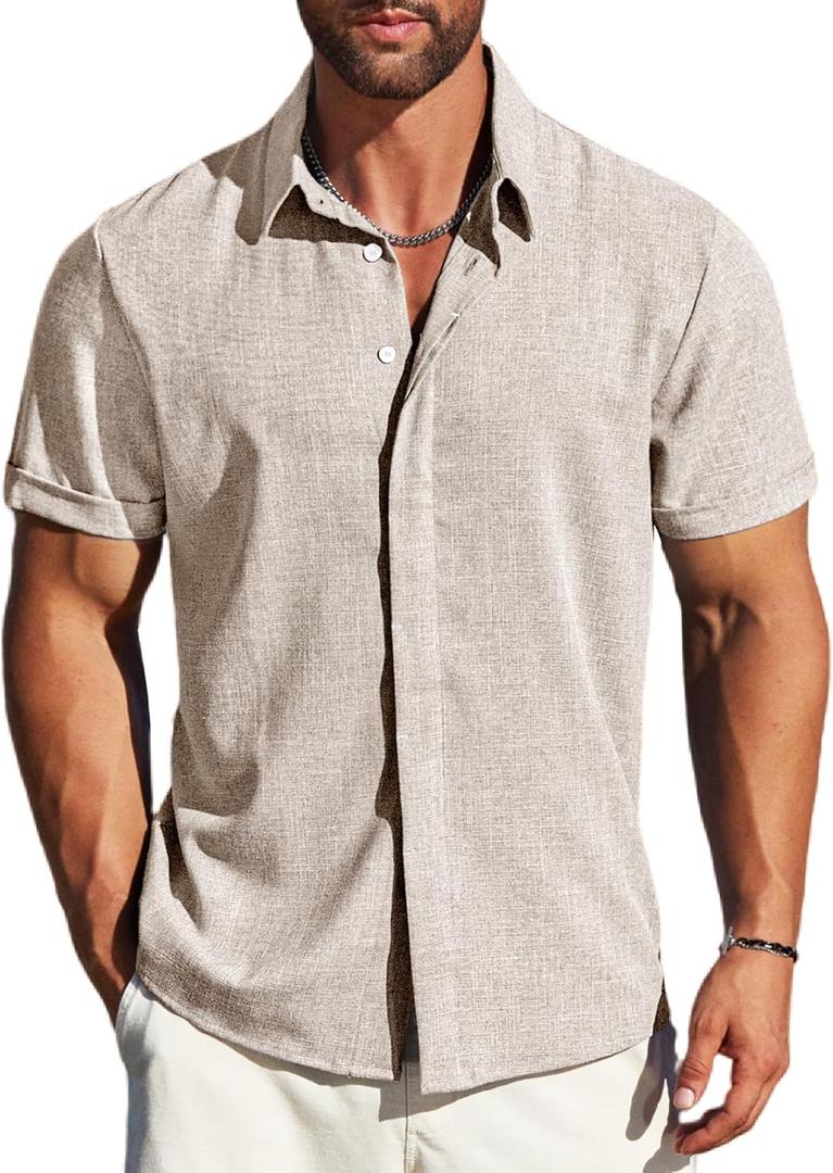 MAPICK Men's Linen Short Sleeve Button Down Shirt – Lightweight Breathable Summer Business Casual, Beach & Wedding Guest (Beige, L)