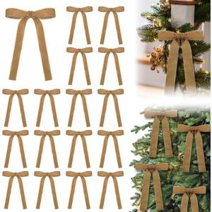 24 Pcs Velvet Bows Christmas Tree Ornaments Vintage Velvet Ribbon Bows for Tree Garland Wreath Indoor Xmas Decorations(5 x 7 Inch, Width of 1",Light Khaki)