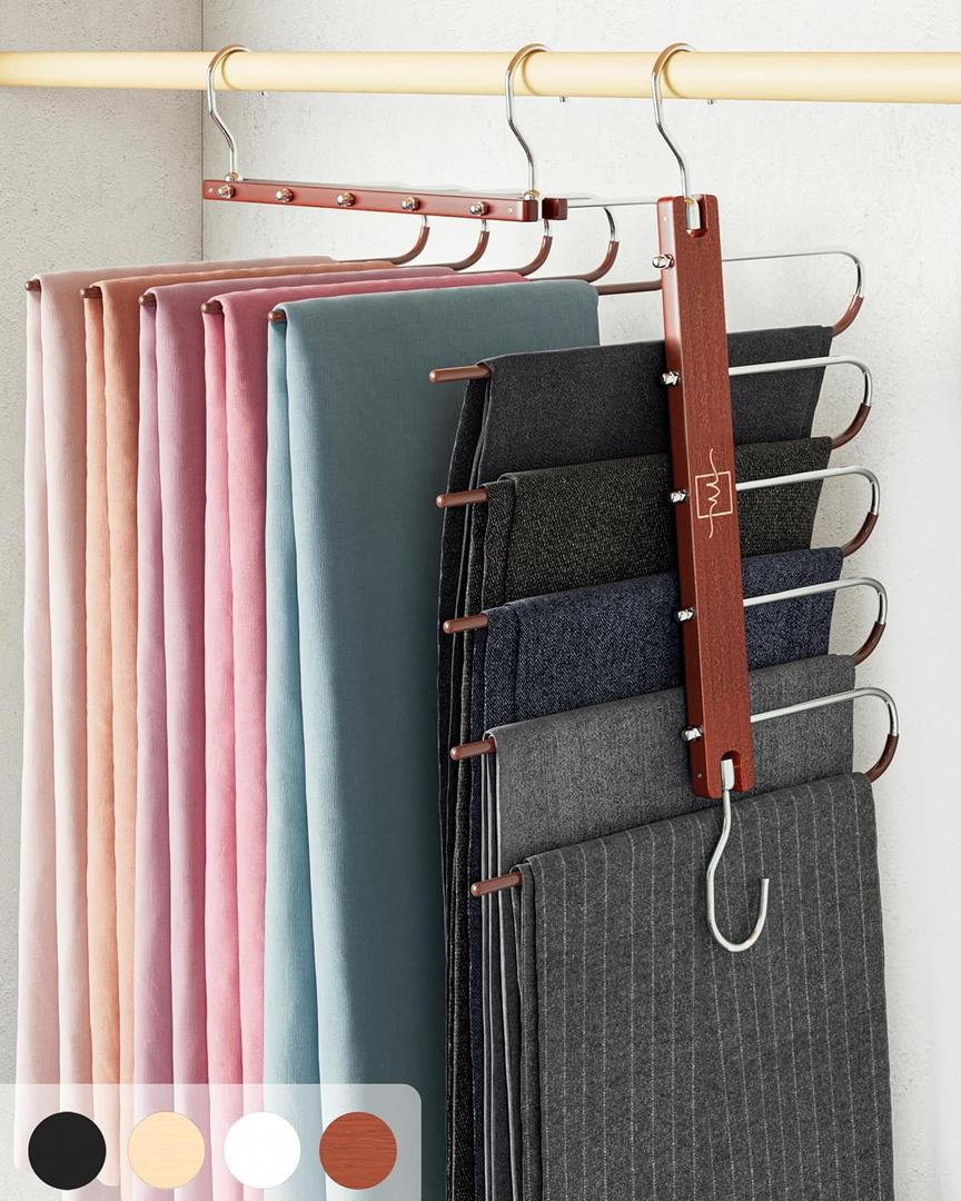 MORALVE Pants Hangers Space Saving - 2 Pack European Beechwood Scarf and Jean Hangers - Closet Organizer and Space Saver Pant Rack, Leggings Hanger, and Scarf Holder with 360° Swivel Hook (Mahogany)