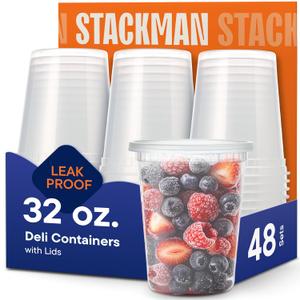 Stack Man [48 Sets - 32 oz. Plastic Deli Disposable Food Storage Containers with Airtight Lids Stack Man [48 Sets - 32 oz. Plastic Deli Disposable Food Storage Containers with Airtight Lids