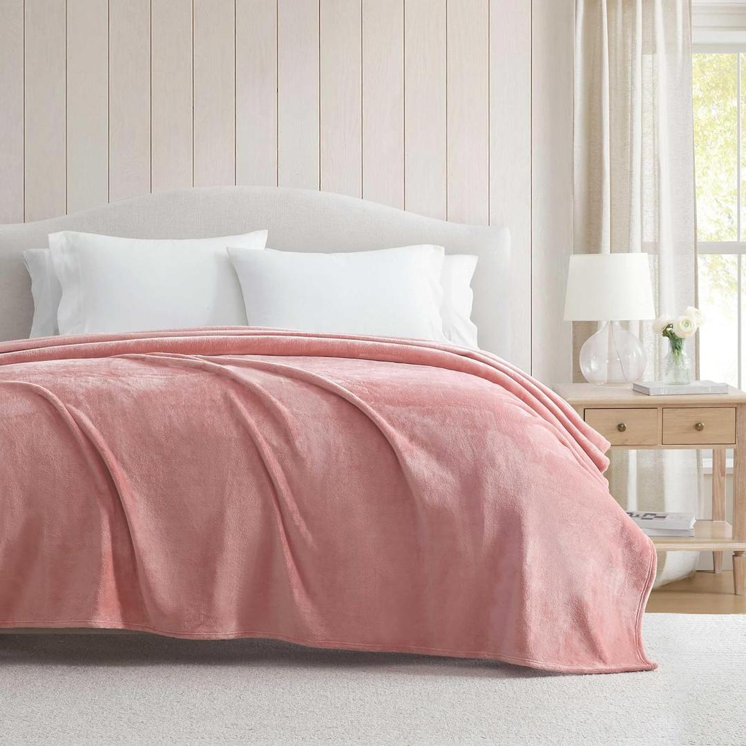 Martha Stewart - King Size Blanket, Ultra-Soft Plush Fleece Throw Blanket with Double-Needle Stitching, 350 GSM, Medium Weight Bedding for Bed or Couch (Bedford Solid Pink)