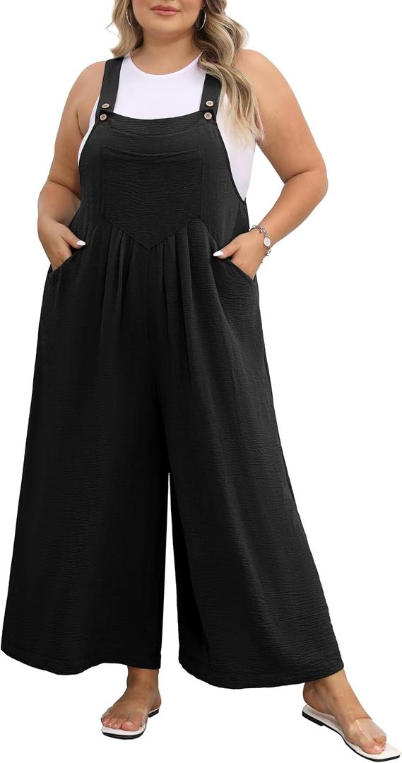 OLRIK Plus Size Jumpsuit for Women Wide Leg Adjustable Straps Overalls Loose Fit Romper with Pockets Spring Summer, 3XL
