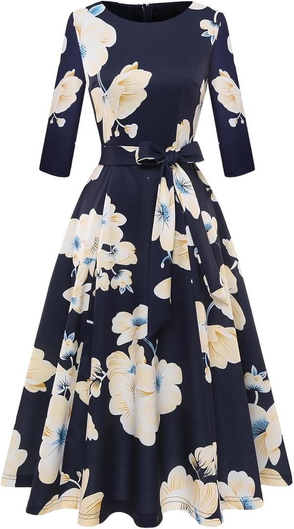 DRESSTELLS Cocktail Dresses for Women, Vintage Wedding Guest 3/4 Sleeves Formal Church Holiday Dress (Small, Navy Yellow White Flower)