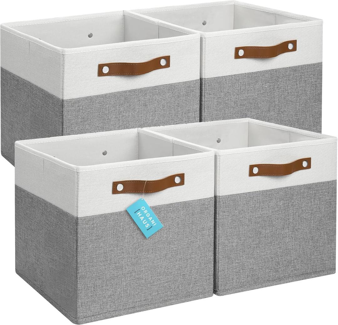 OrganiHaus 12x12 Fabric Storage Bins - Set of 4, Cube Fabric Organizer Bins with Vegan Handles, Kallax Storage Cubes, Cubbies Organizer Boxes, 12Inch Cubic Baskets for Shelves - Grey / White ((12x12) Leather Handles, Gray Base / Off-White)