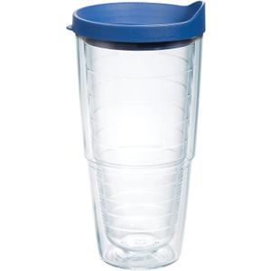 Tervis Clear & Colorful Lidded Made in USA Double Walled Insulated Tumbler Travel Cup Keeps Drinks Cold & Hot, 24oz, Blue Lid, 1 Count (Pack of 1)