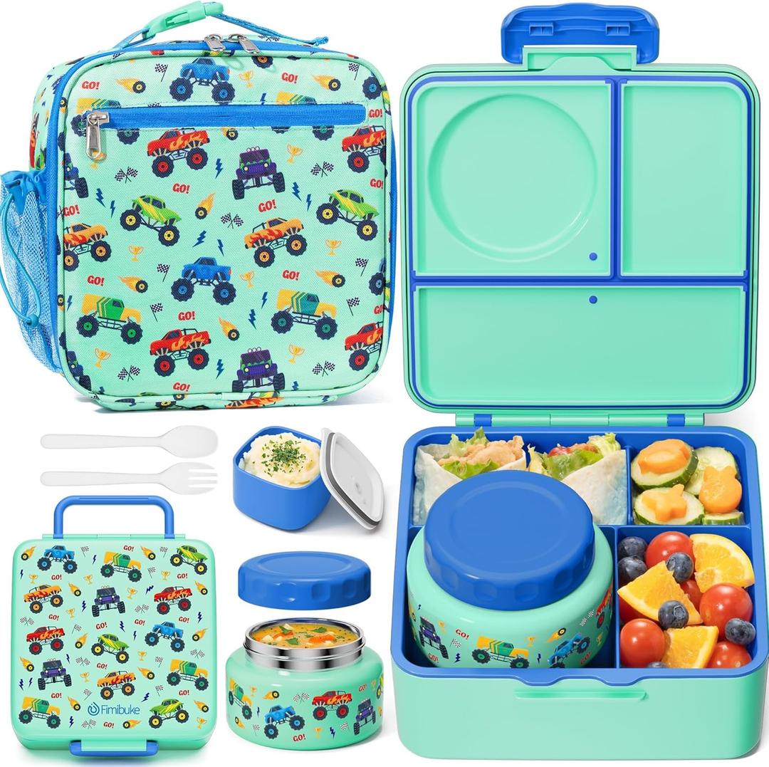 Fimibuke Kids Bento Lunch Box with Food Jar, Leakproof Toddler Bento Box with 8.5OZ Insulated Food Jar, Lunch Bag & Utensils BPA Free Dishwasher Safe 3 or 4 Compartment Container for School Girls Boys (Monster Trucks)