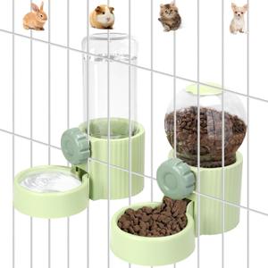 Hanging Automatic Pet Food Water Dispenser, 1L Auto Gravity Pet Feeder and 1L Water Dispenser Set, 34oz Cage Cat Dog Food and Water Dispenser for Kitten Puppy Bunny Guinea Pig (Green)