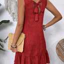 Halife Women's Sleeveless Tank Dress Tie Back Flowy Summer Sun Dresses Casual Ruffle Hem Mini Linen Dress Red Dresses L