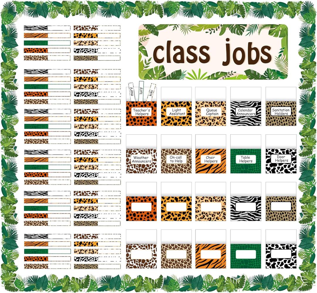 WATINC 97pcs Class Jobs Bulletin Board Set, Classroom Jobs Chart with Name Tags, Back to School Schedule Boards Pocket Chore Behavior Chart for Classroom Chalkboard Walls Decoration (Animal Print)