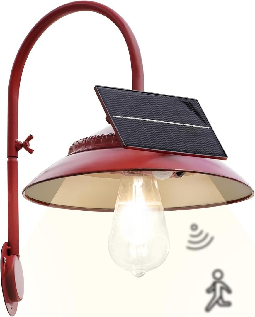 Goodeco Solar Barn Light with Motion Sensor - Metal Design Outdoor Lights - 2 Working Modes & A Big Solar Panel with Clear Glass LED Edison Bulb, Glow White, Yard & Housewarming Gifts (Red)