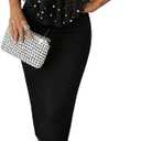 CHICME Womens V Neck Cold Shoulder Bodycon Midi Dress with Rhinestone and Pearls Cocktail Evening Wedding Guest Dress (L, Black)